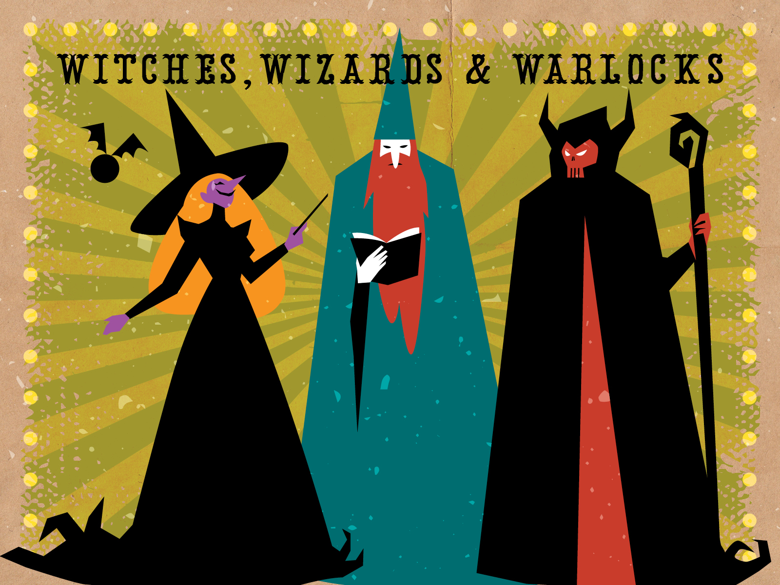 graphic image of witch, wizard, and warlock characters