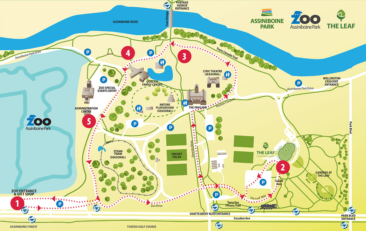  Map of trolley stops at Assiniboine Park. Stop list available on this page.