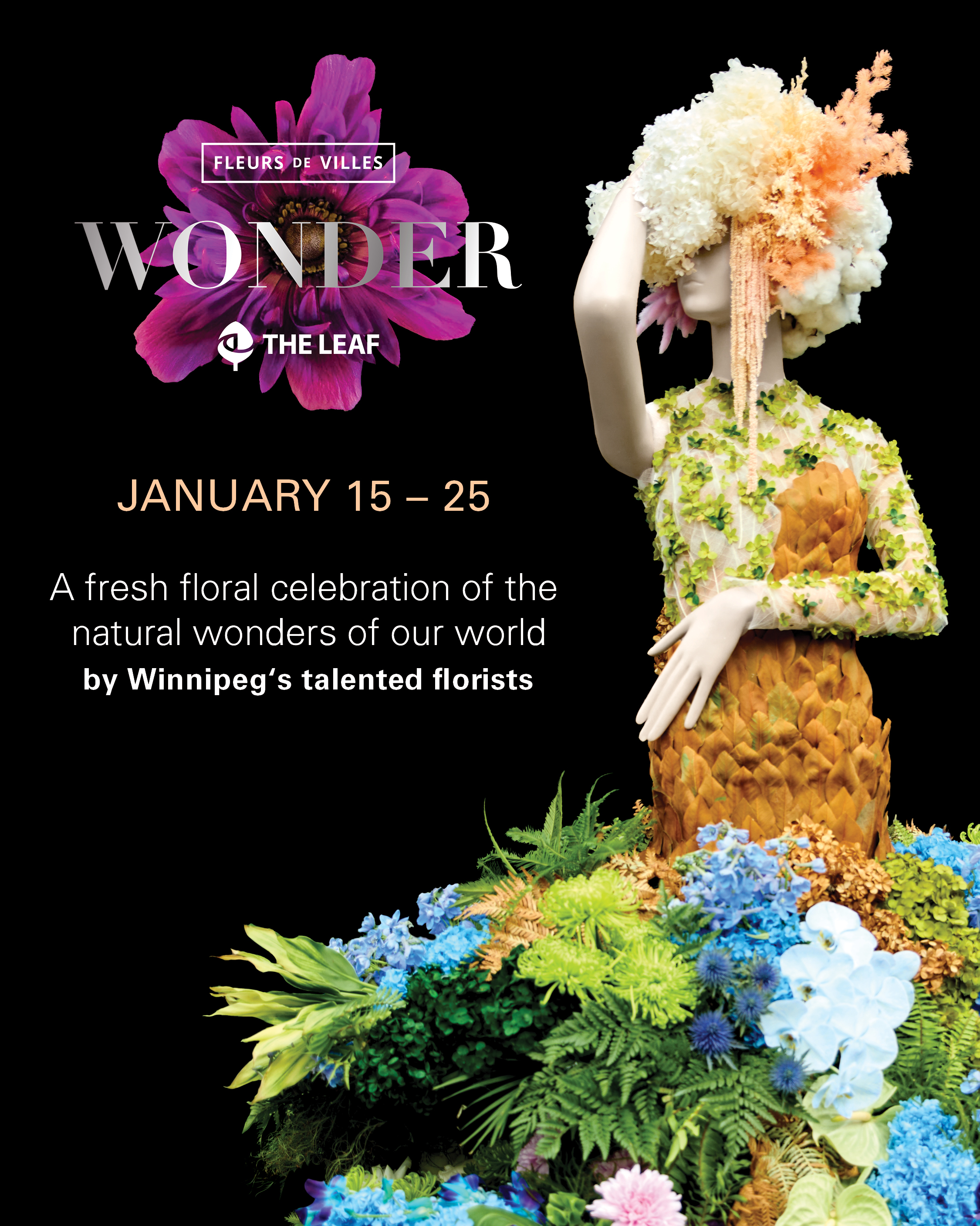 Fleurs de Villes WONDER logo beside a floral mannequin